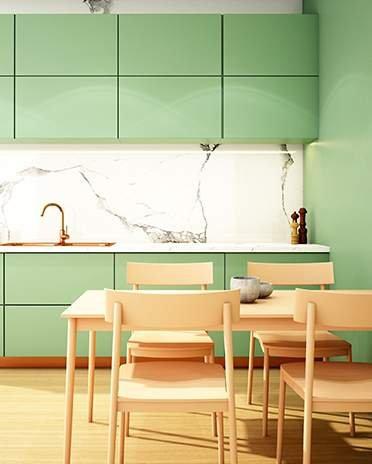 bucătărie verde cu atmosferă de marmură
