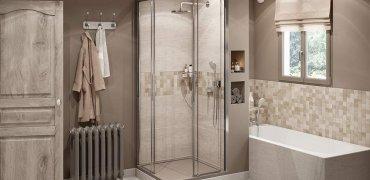 A bathroom with a glass shower Description automatically generated with low confidence