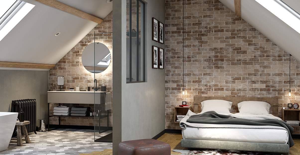 A bedroom with a brick wall Description automatically generated with low confidence
