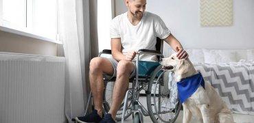 A person in a wheelchair with a dog in a room Description automatically generated with medium confidence